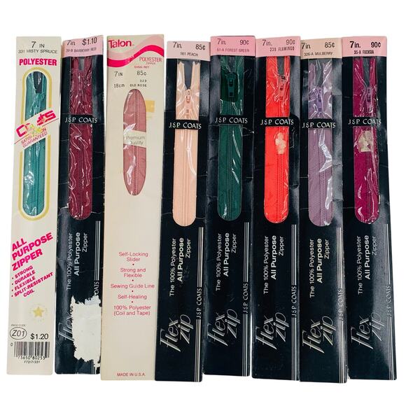 JP Coats Zipper 7 inch Polyester Nylon Multicolor Lot 8 Zippers All Purpose USA - Picture 1 of 10